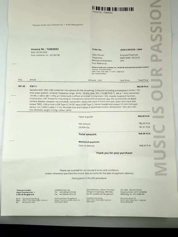 MIKROFON STUDYJNY YAMAHA AG01 KOMPLET GW