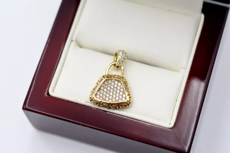 PIĘKNA ZŁOTA ZAWIESZKA Z CYRKONIAMI TOREBKA  PR: 585 2.00G 2CM 14K