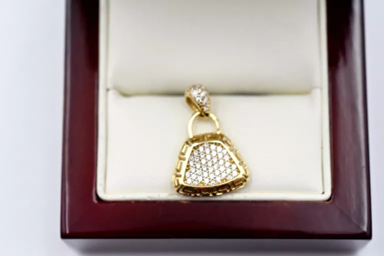 PIĘKNA ZŁOTA ZAWIESZKA Z CYRKONIAMI TOREBKA  PR: 585 2.00G 2CM 14K