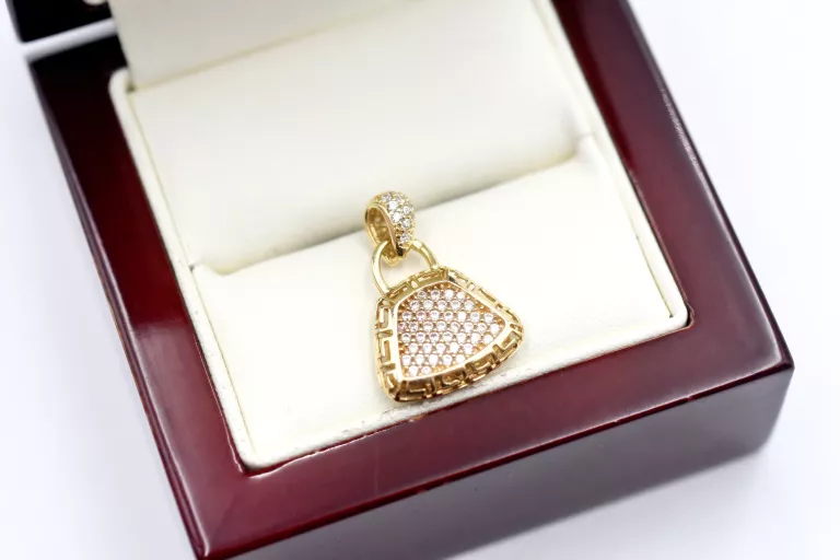 PIĘKNA ZŁOTA ZAWIESZKA Z CYRKONIAMI TOREBKA  PR: 585 2.00G 2CM 14K