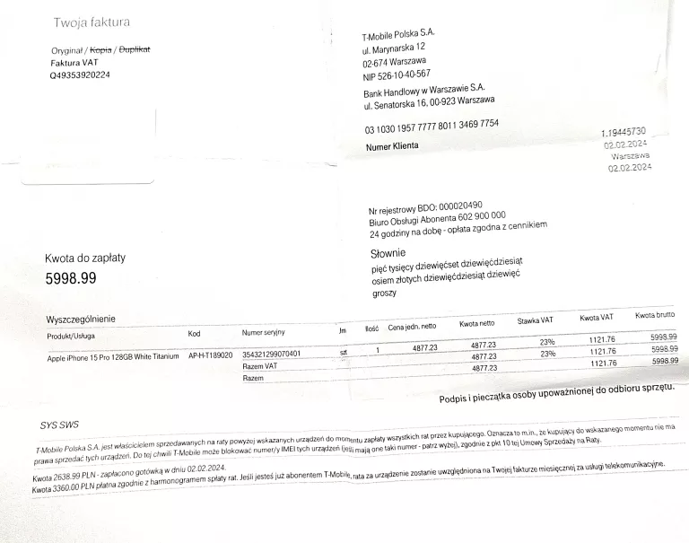 SMARTFON APPLE IPHONE 15 PRO 8 GB / 128 GB 5G BIAŁY JAK NOWY