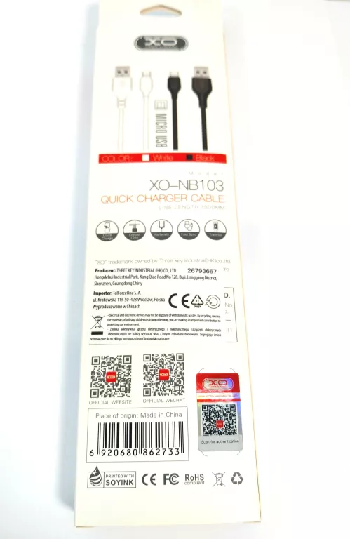 XO KABEL NB103 USB - MICROUSB 1,0 M 2,1A BIAŁY
