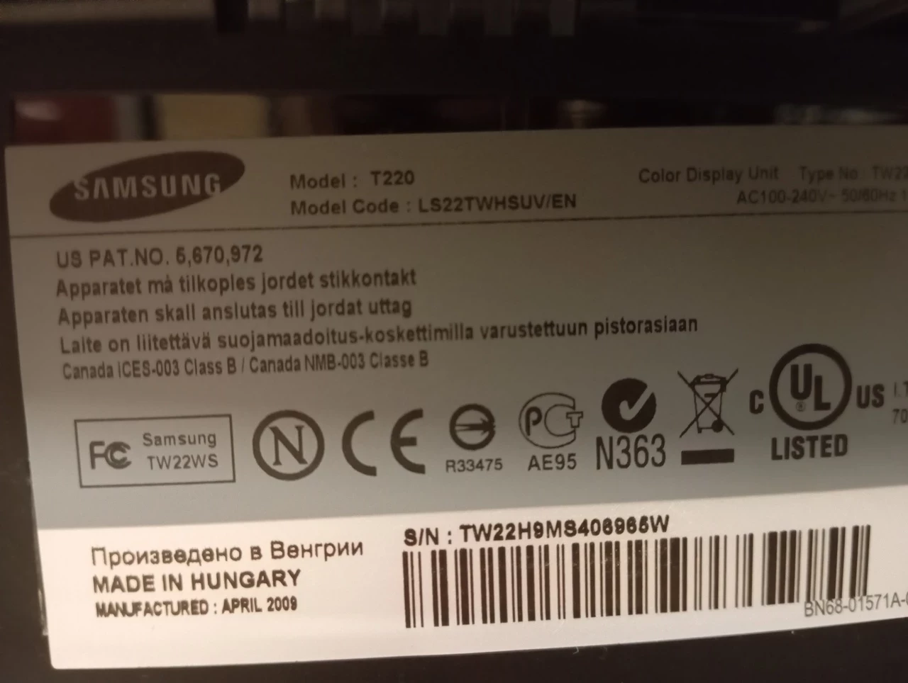 monitor-lcd-samsung-syncmaster-t220-22-cale-ean-gtin-8808987636135