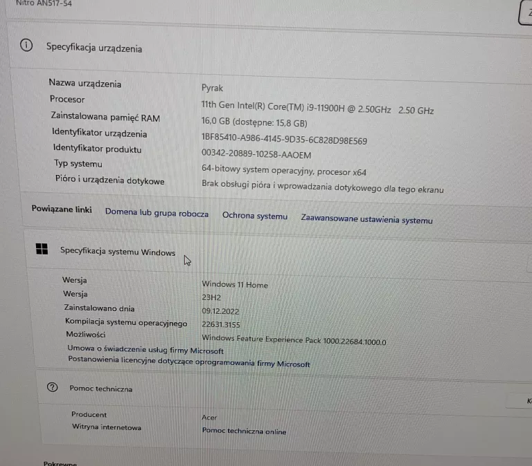 LAPTOP ACER NITRO 5 AN517-54 I9-11900H/16GB/1TB