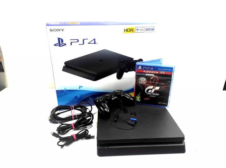 KONSOLA PS4 SLIM 500GB+GRAN TURISMO SPORT, PAD, SŁUCHAWKI PS4