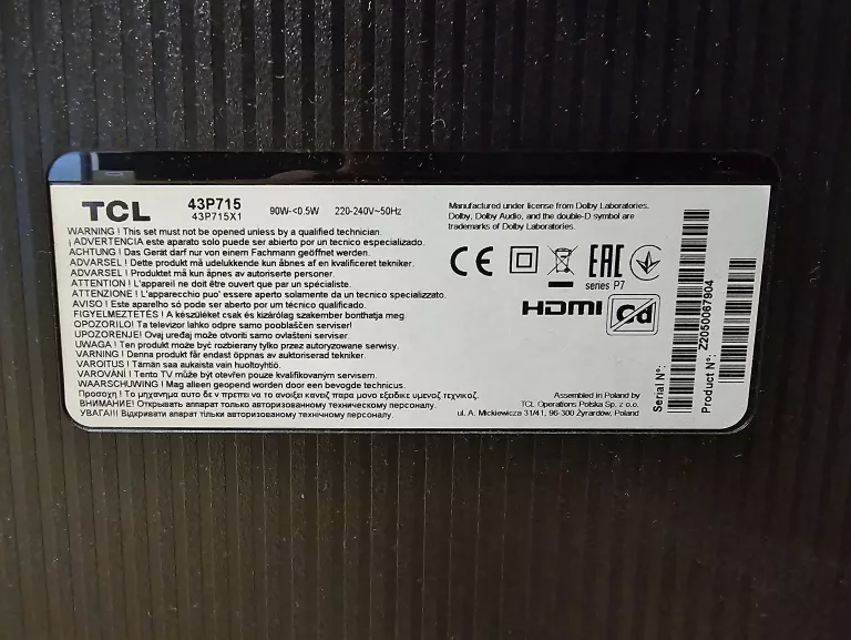 TELEWIZOR LED TCL 43P715 43'' 4K UHD DVB-T2