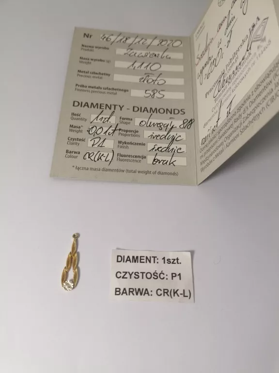ZŁOTA ZAWIESZKA Z DIAMENTEM 1,11G/585 + CERTYFIKAT