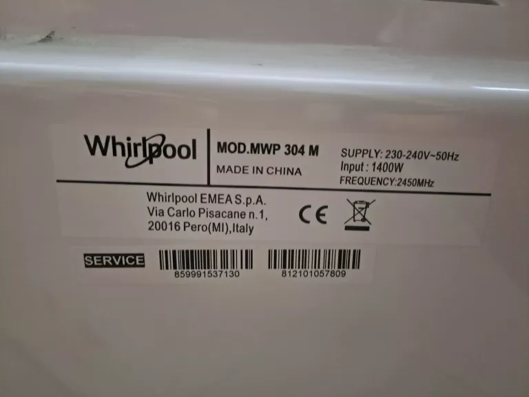KUCHENKA MIKROFALOWA WOLNOSTOJĄCA WHIRLPOOL MWP 304 M GRILL 1050 W