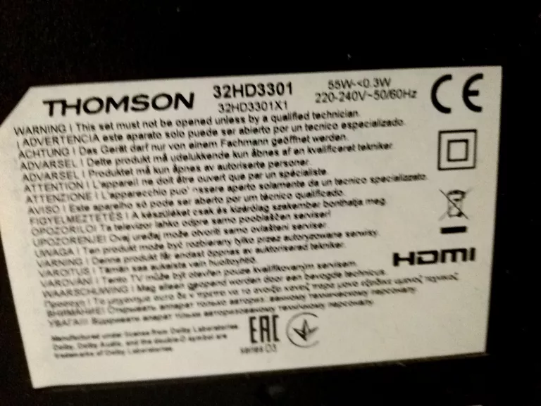 TELEWIZOR THOMSON 32HD3301 32' + PILOT BEZ KLAPKI BATERII