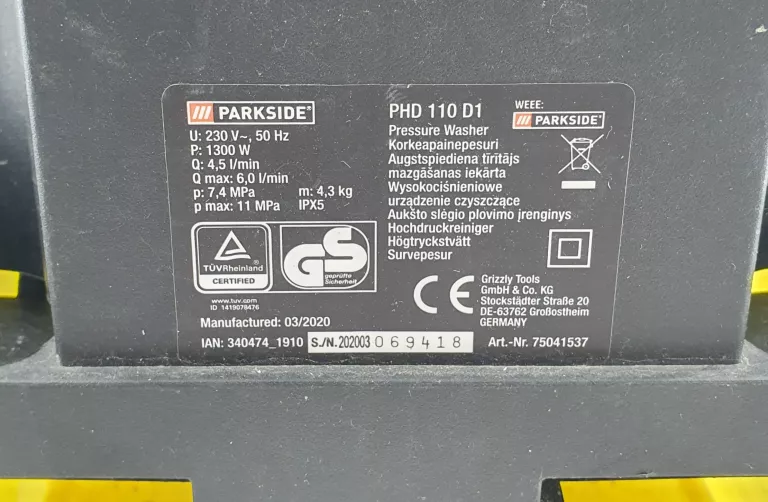 MYJKA CIŚNIENIOWA PARKSIDE PHD 110 D1