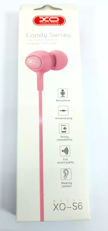 XO SŁUCHAWKI PRZEWODOWE S6 JACK 3,5MM DOKANAŁOWE RÓŻOWE