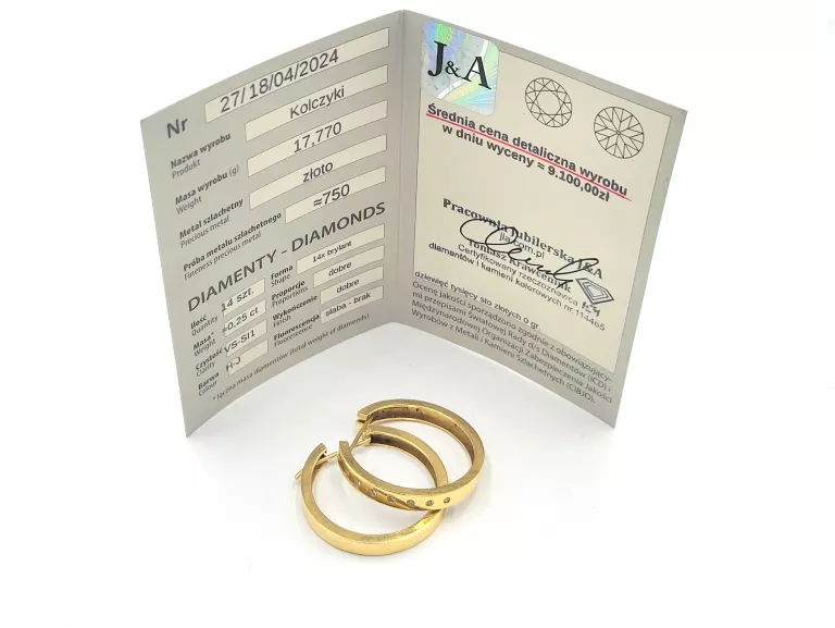 ZŁOTE KOLCZYKI 750 MODERN INDUSTRIAL KOŁA Z BRYLANTAMI 17,77G CERTYFIKAT