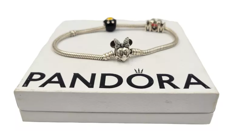 SREBRNA BRANSOLETKA PANDORA MYSZKA MINNIE+2 CHARMSY PANDORA P925 DISNEY