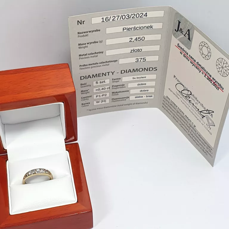 ZŁOTY PIERŚCIONEK BRYLANT 0,40CT W:2,45G P:375 R:13 CERTYFIKAT DIAMENT