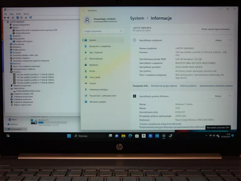 LAPTOP HP 15S-FQ2011NW I3-1115G4, 8/256GB WIN.11