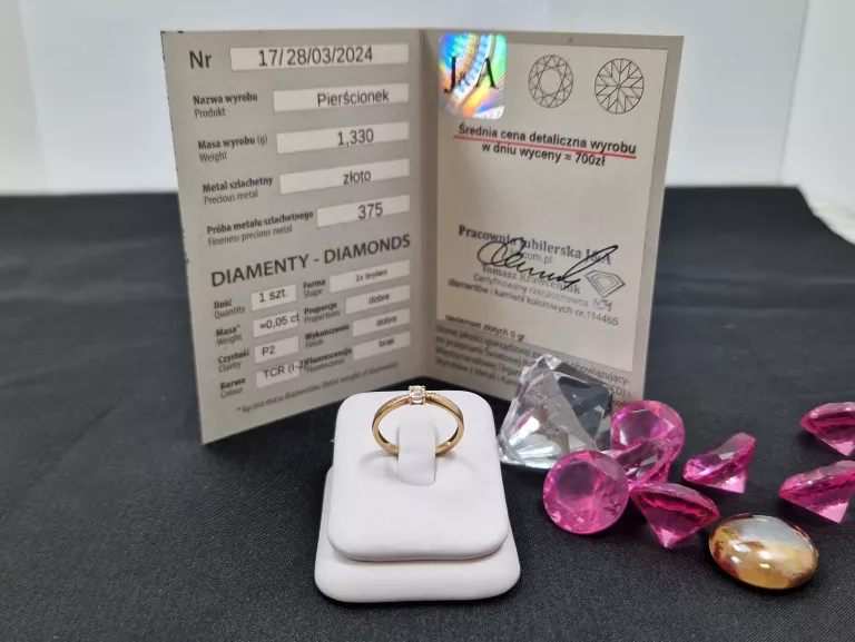 ZŁOTY PIERŚCIONEK 375 BRYLANT 0,05CT ROZM.12 CERTYFIKAT