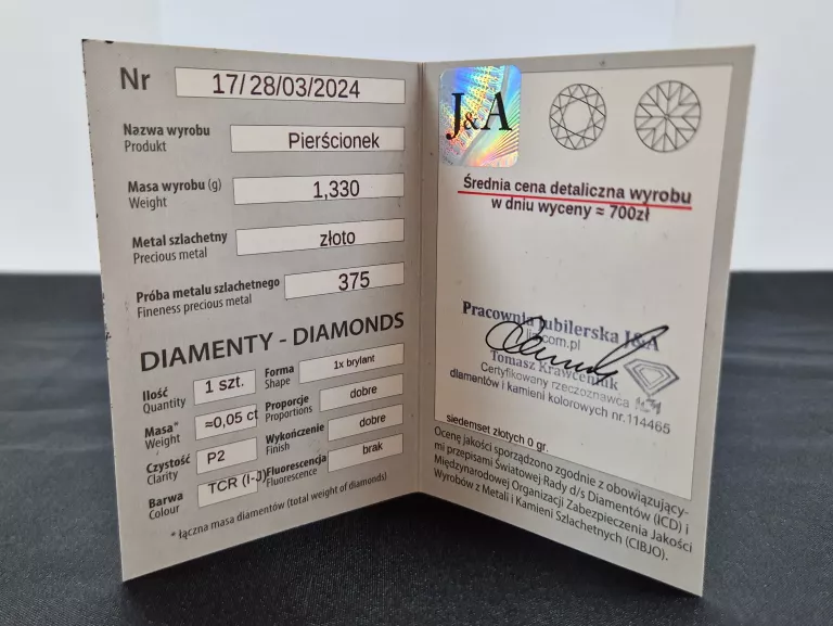 ZŁOTY PIERŚCIONEK 375 BRYLANT 0,05CT ROZM.12 CERTYFIKAT