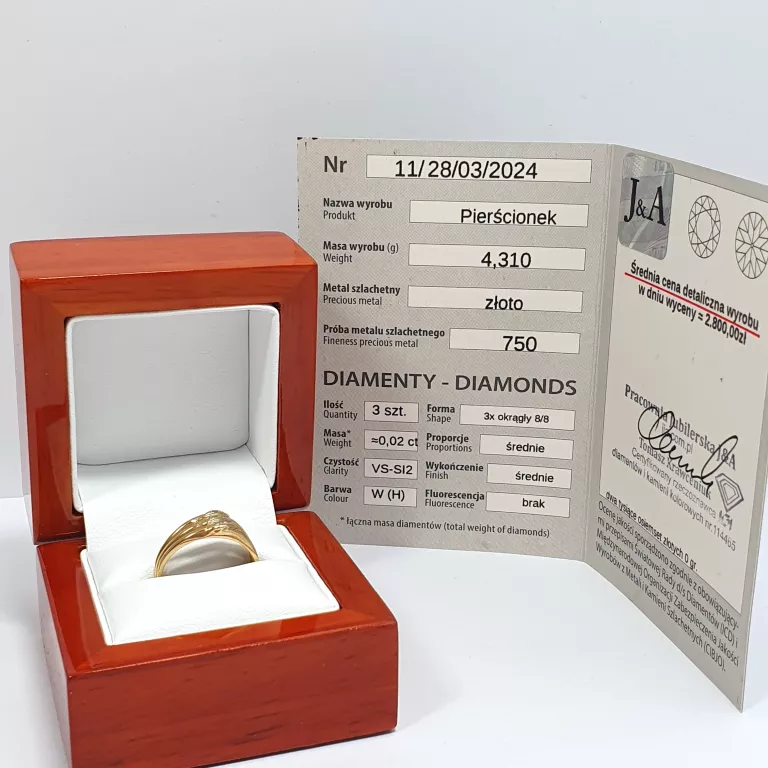 ZŁOTY PIERŚCIONEK BRYLANT 0,02CT W:4,31G P:750 R:17 CERTYFIKAT DIAMENT