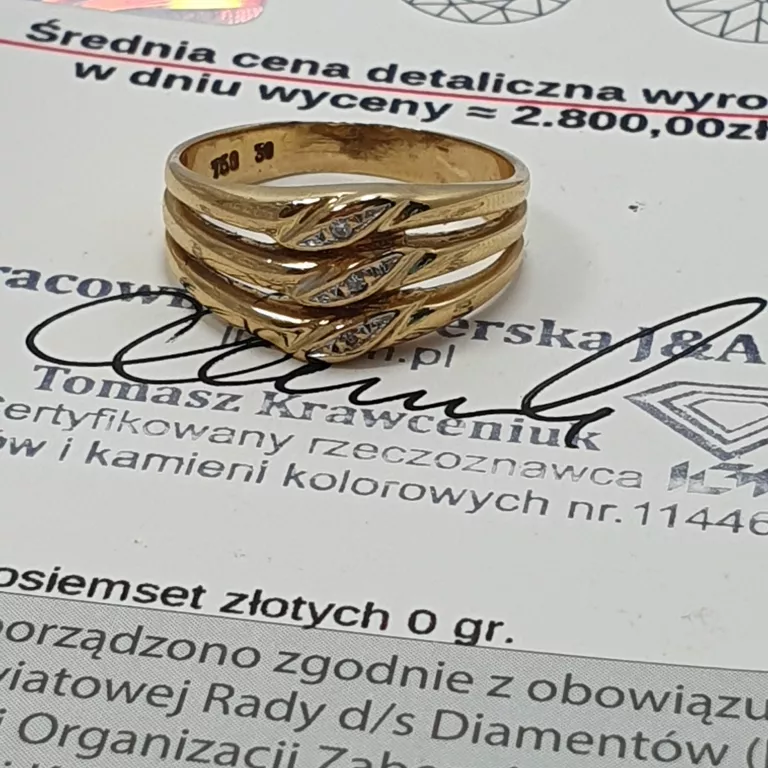 ZŁOTY PIERŚCIONEK BRYLANT 0,02CT W:4,31G P:750 R:17 CERTYFIKAT DIAMENT