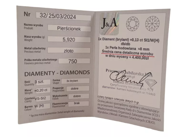 PIERŚCIONEK Z PERŁĄ I DIAMENTAMI BIAŁE ZŁOTO PR.750 5,93G R:14