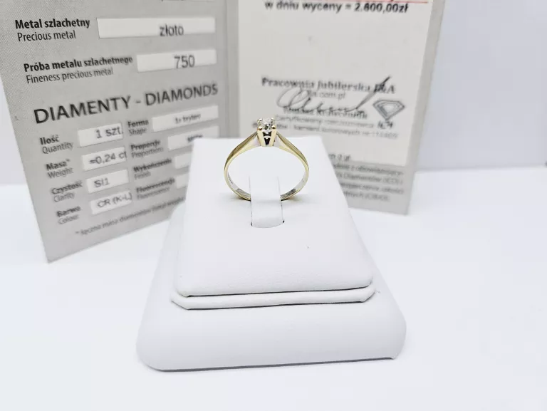 ZŁOTY PIERŚCIONEK 750 Z BRYLANTEM 0,24CT PIĘKNY KLASYCZNY
