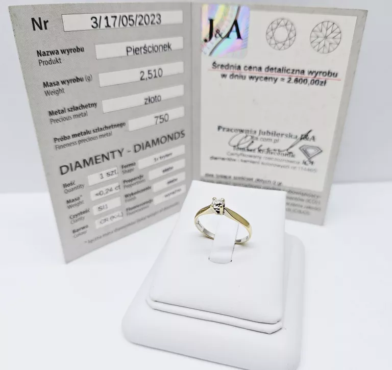 ZŁOTY PIERŚCIONEK 750 Z BRYLANTEM 0,24CT PIĘKNY KLASYCZNY