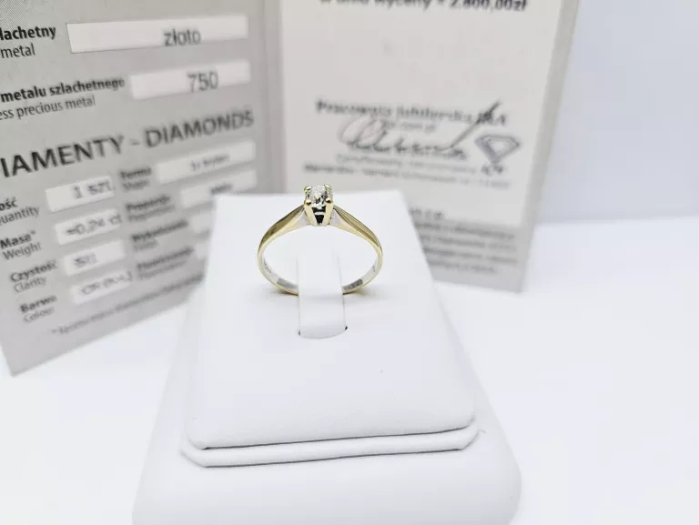ZŁOTY PIERŚCIONEK 750 Z BRYLANTEM 0,24CT PIĘKNY KLASYCZNY