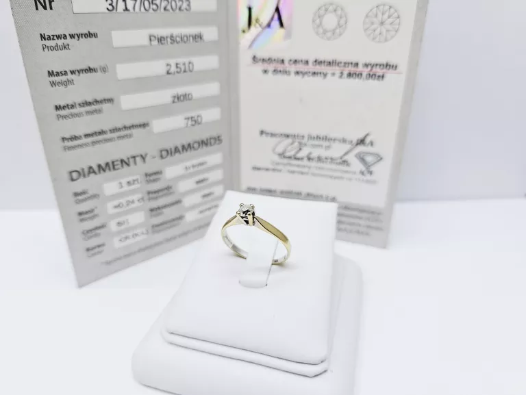 ZŁOTY PIERŚCIONEK 750 Z BRYLANTEM 0,24CT PIĘKNY KLASYCZNY