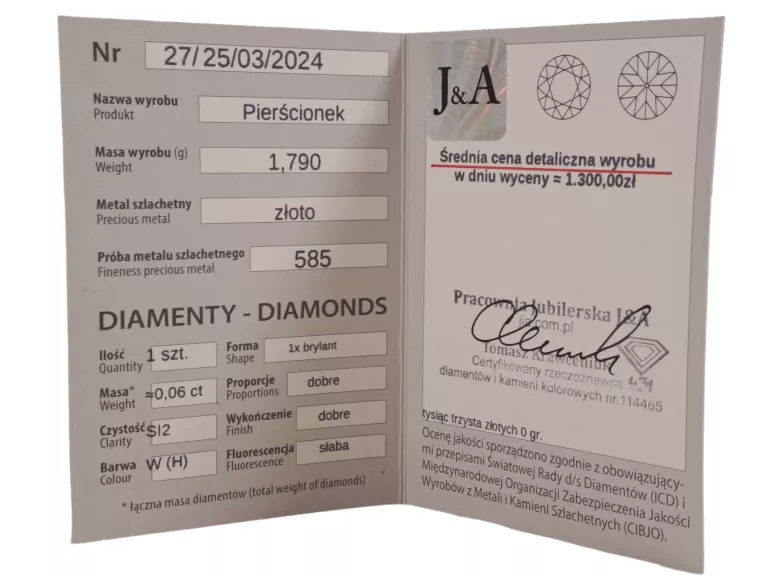 ZŁOTY PIERŚCIONEK Z DIAMENTEM 0,06CT PR.585 BIAŁE ZŁOTO 1,81G R:12
