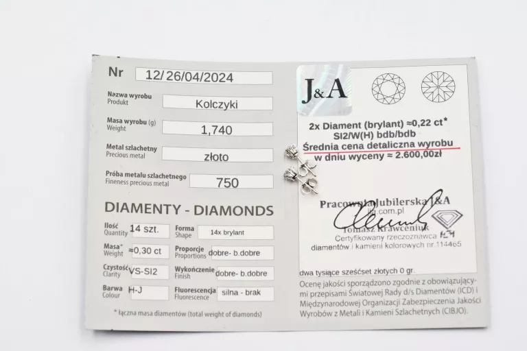 PRZEPIĘKNE ZŁOTE KOLCZYKI Z BRYLANTAMI PRÓBY 750 SZTYFT 1,76G BIAŁE ZŁOTO