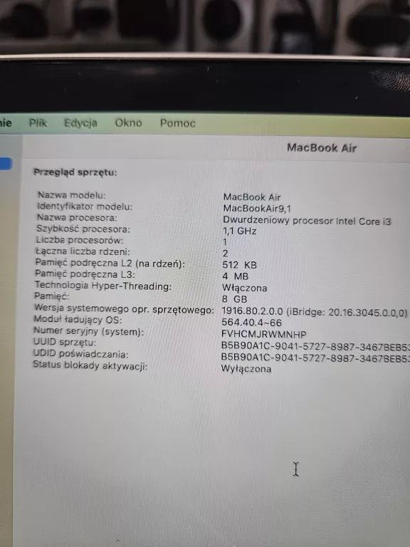 LAPTOP APPLE MACBOOK AIR A2179 IC-I3 8/256GB SSD KOMPLET 2 CYKLE