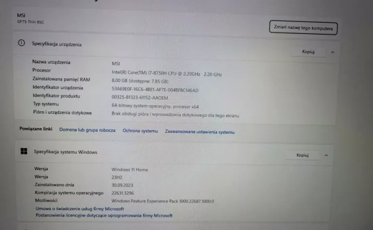 LAPTOP MSI GF75 THIN 85C I7/8/1256GB HDD+SSD ZESTAW