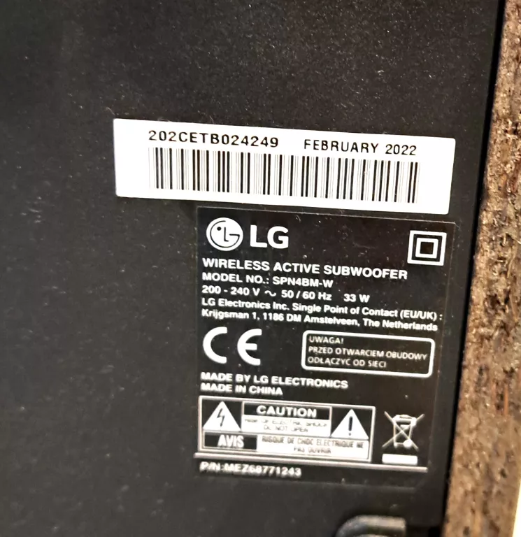 SOUNDBAR LG NO.SN4/SUB/PILOT/OKABLOWANIE