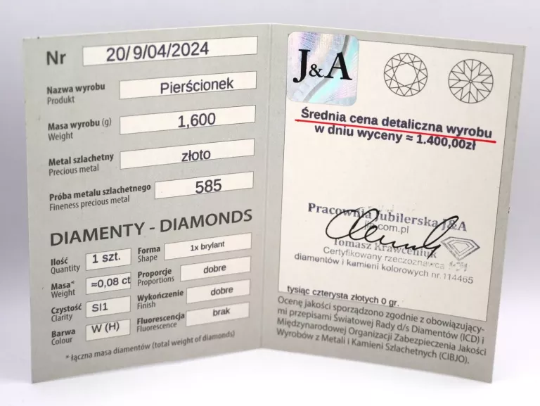 ZŁOTY PIERŚCIONEK Z BRYLANTEM - 585 14K R.10 1,60G CERT