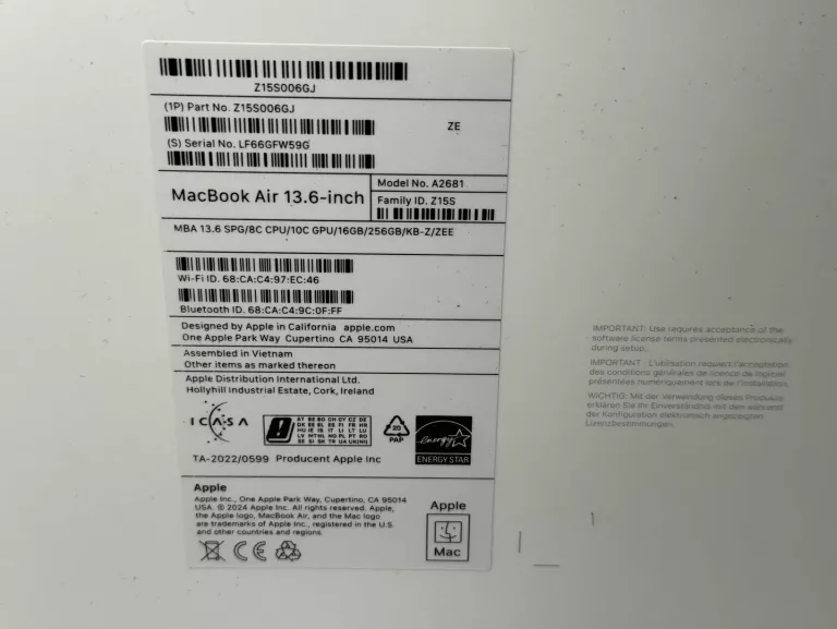 APPLE MACBOOK AIR 13.6 M2 16/256GB IDEAŁ A2681