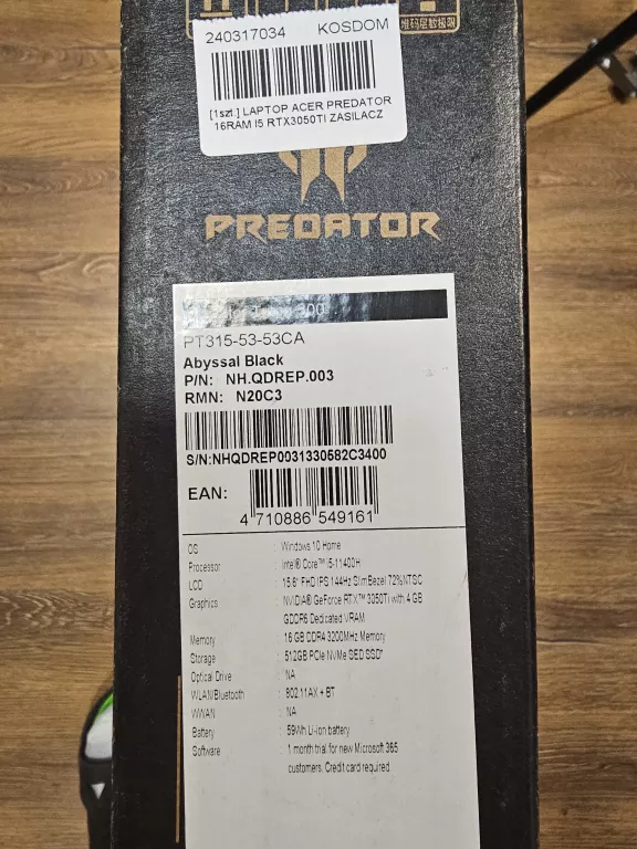 ACER PREDATOR TRITON 300 PT315-53-53CA 16 GB I5 RTX3050TI
