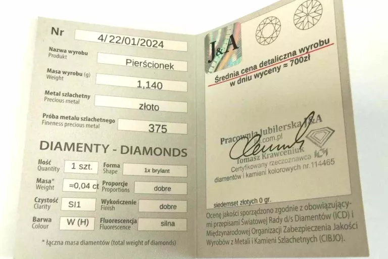 PIERŚCIONEK Z ŻÓŁTEGO ZŁOTA Z BRYLANTEM 1,11GR 375