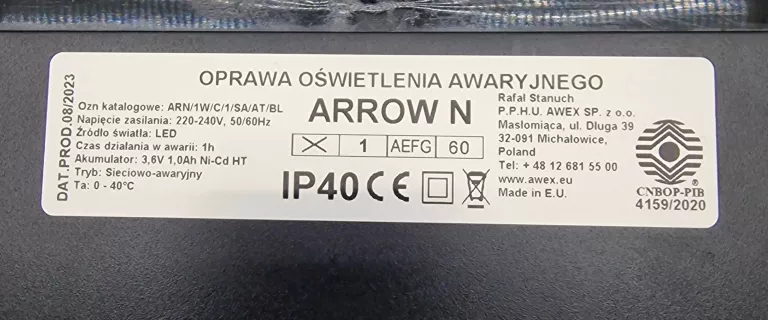 OPRAWA OŚWIETLENIA AWARYJNEGO ARROW N LED BIAŁA AWEX ARN/1W/C/1/SA/AT/WH