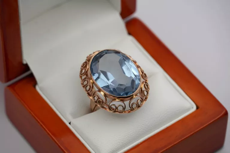 ZŁOTY PIERŚCIONEK Z PIĘKNĄ BŁĘKITNĄ CYRKONIĄ - 585 14K R.14 11,28G