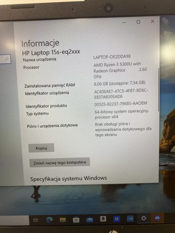 LAPTOP HP 15S-EQ2023NW 15,6" AMD RYZEN 3 8 GB / 256 GB SREBRNY