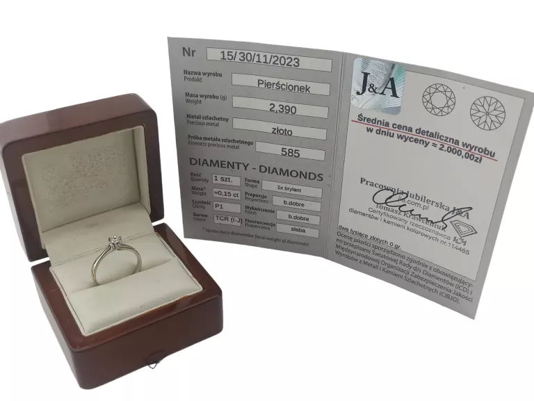 ZARĘCZYNOWY ZŁOTY PIERŚCIONEK Z DIAMENTAMI I CERTYFIKATEM PR.585