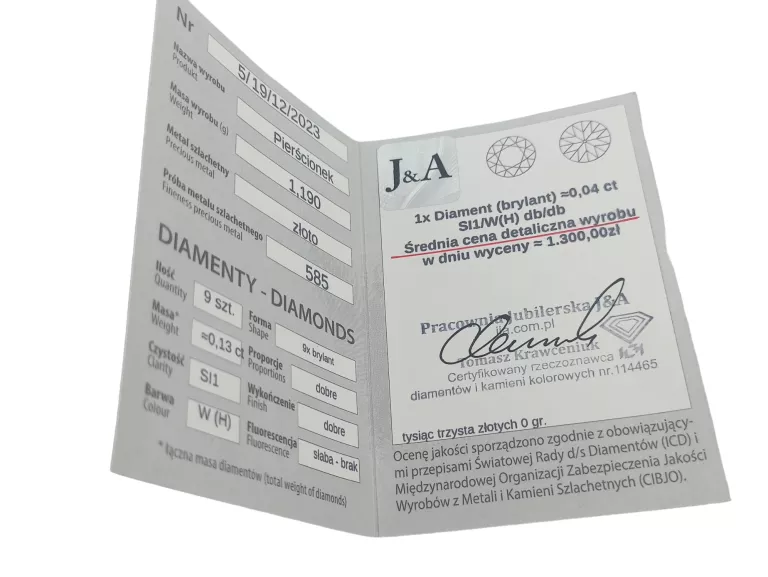 ZŁOTY PIERŚCIONEK Z DIAMENTAMI I CERTYFIKATEM PR.585