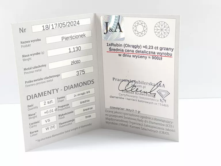 ZŁOTY PIERŚCIONEK DIAMENTY RUBIN 1,13G R17 375