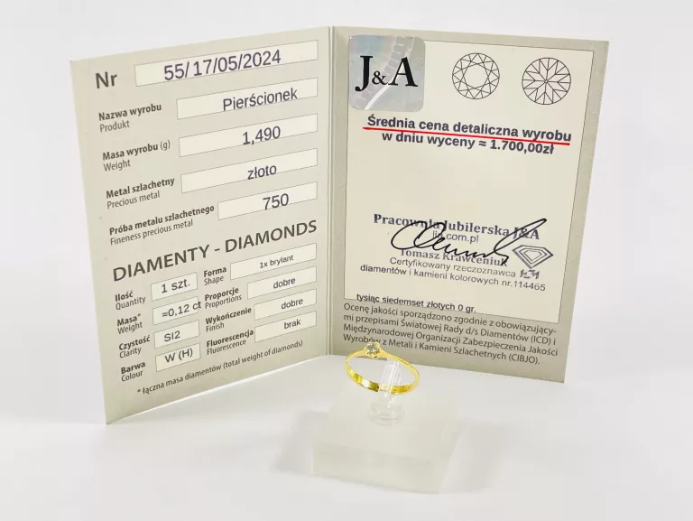ZŁOTY PIERŚCIONEK Z BRYLANTEM 0,12CT 750 1,49G R12
