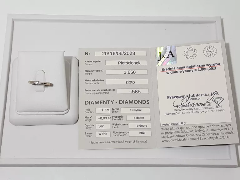 ZŁOTY PIERŚCIONEK Z BRYLANTEM PR. 585 R. 10 GRAM 1,66
