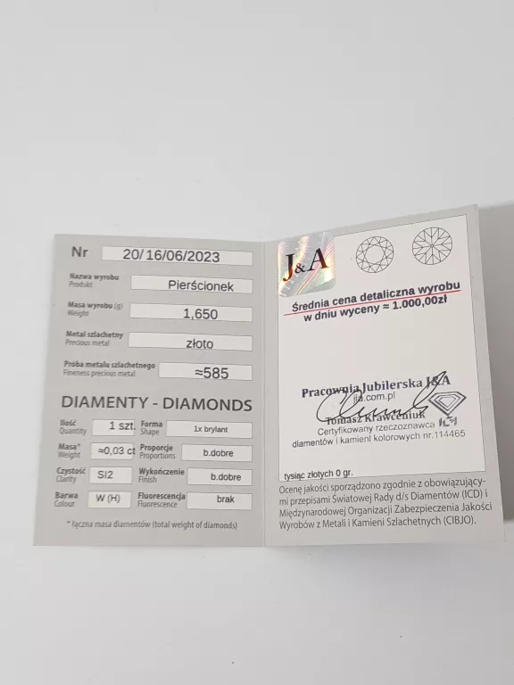 ZŁOTY PIERŚCIONEK Z BRYLANTEM PR. 585 R. 10 GRAM 1,66