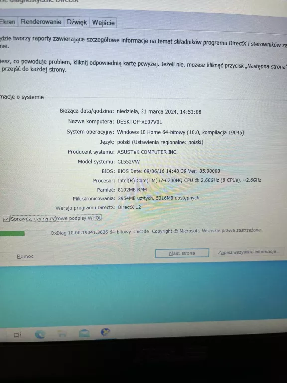 LAPTOP ASUS GL552V I7-6700/8GB/128GB/1TB
