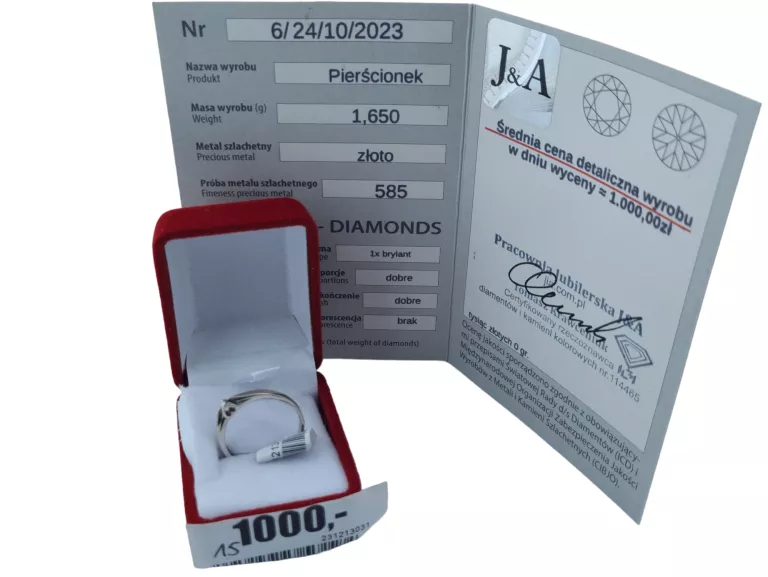 NIEBIAŃSKI ZŁOTY PIERŚCIONEK ZARĘCZYNY DIAMENT WYCENA  585 R.15