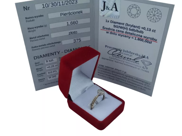 CUDOWNY ZŁOTY PIERŚCIONEK DIAMENTY 375 R.12 WYCENA