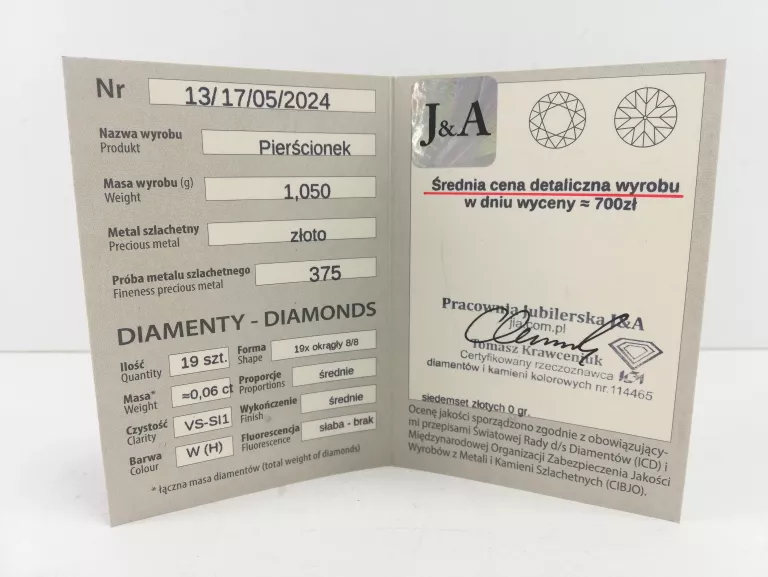 ZŁOTY PIERŚCIONEK Z BRYLANTEM 375 1,05G 0,06CT 16R